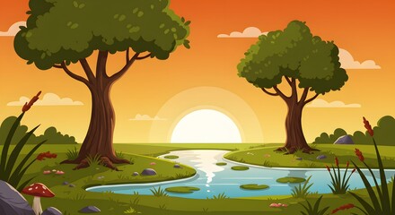 Peaceful Sunset by the Lake in Flat Vector Art