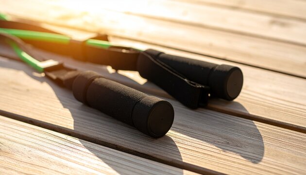 Trekking poles with ergonomic handles resting on a wooden surface in warm sunlight