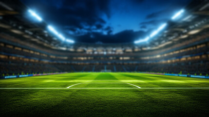 Soccer stadium with lights and a green grass field	
