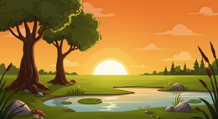 Peaceful Sunset by the Lake in Flat Vector Art