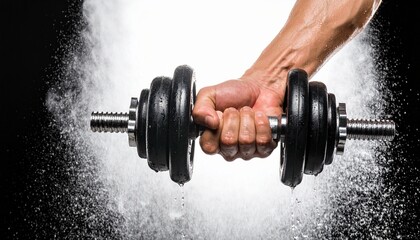 A strong man's hand gripping a heavy dumbbell with a chalk powder explosion.