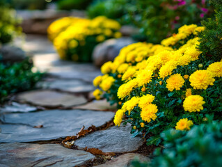 Vibrant yellow chrysanthemums lining a garden stone pathway
