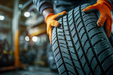 Worker inspecting a tire in an automotive workshop