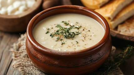 Creamy Soup with Herbs in Rustic Bowl on Wooden Table Setting