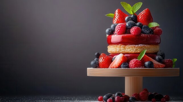 Delicious Berry Topped Dessert with Bright Red Glaze and Mint Leaves