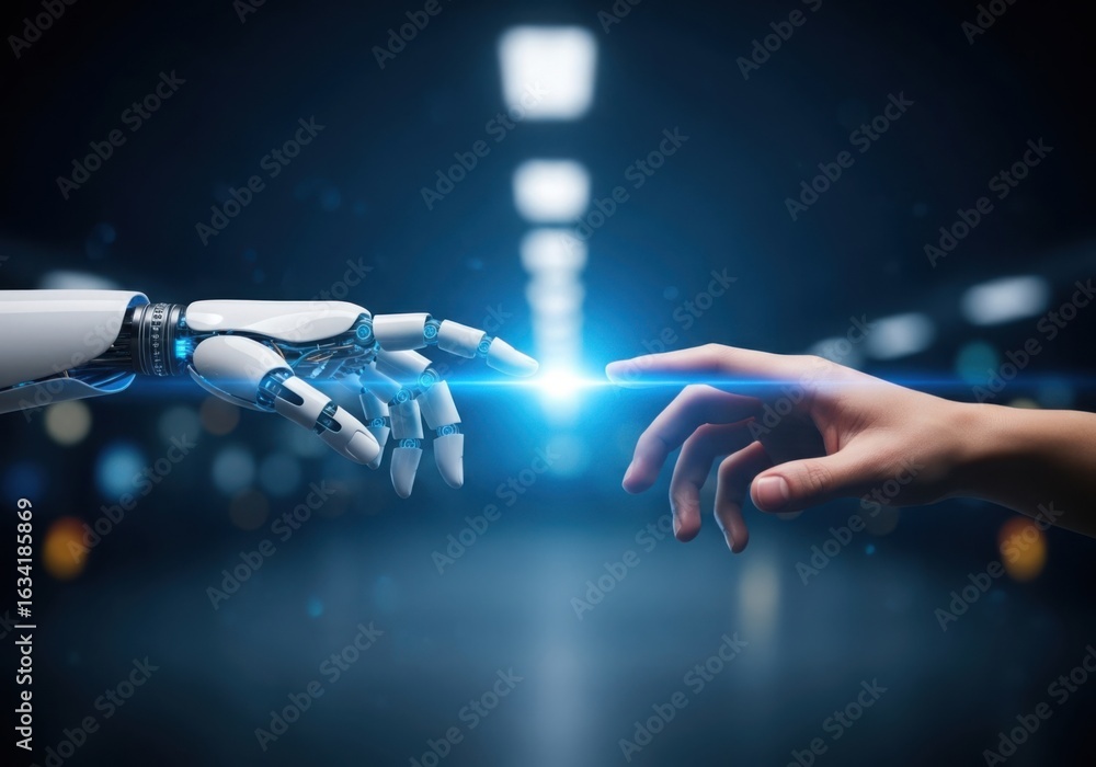 Poster human and robot hands reaching out to touch symbolizing the future of artificial intelligence and te