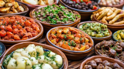 Colorful Variety of Delicious Dishes in Traditional Serving Bowls
