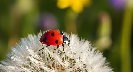 Fototapeta premium Macro photograph of a vibrant red ladybug with black spots resting on a fluffy white dandelion seed head in a sunlit meadow.