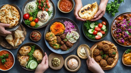 Fototapeta premium Colorful Variety of Delicious Dishes on Table with Hands Reaching