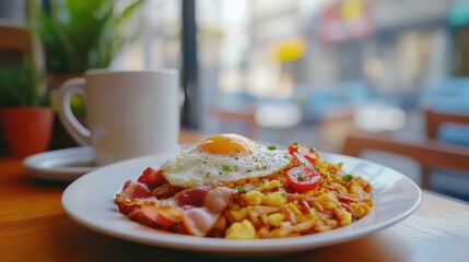 Delicious Breakfast Plate with Fried Egg and Bacon in Cafe Setting
