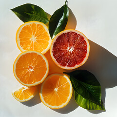 Orange and red citrus slices with textured surface and strong shadows. Great for food blog, healthy eating poster, organic branding.