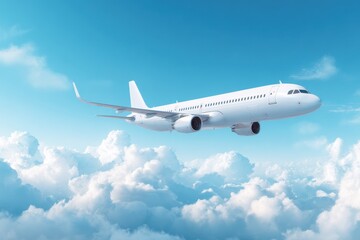 Fototapeta premium 3d white airplane flying on blue sky landscape background with cloud, vector illustration, Realistic banner with blank passenger jet flight, side view, aviation concept or vacation.