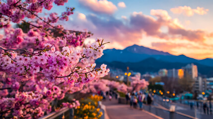 Obraz premium Blooming cherry blossoms along a scenic city promenade at sunset with mountain backdrop