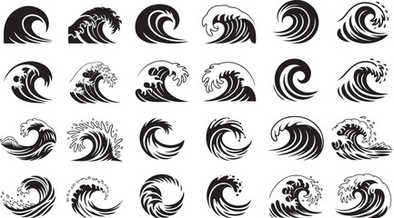 Stylized Ocean Wave Icon Set in Black and White Design