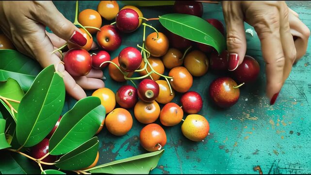 Hands meticulously arrange glossy camu camu berries on a weathered wooden board, highlighting their vibrant red hues, dewdrop-kissed textures, and rustic presentation beneath warm natural light.