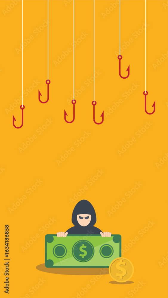 Poster hacker attack. hackers and cybercriminals phishing, theft, stealing money. hacking and web security.
