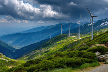 Wind turbines on a mountain ridge under a cloudy sky