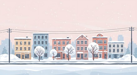 Colorful Snowy Cityscape with Falling Snow – Vector Illustration