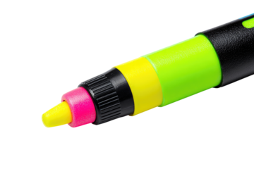 Close-up of a brightly colored highlighter pen tip.  Vibrant yellow, lime green, and pink highlighter tips are visible.  Black accents around the cap and body