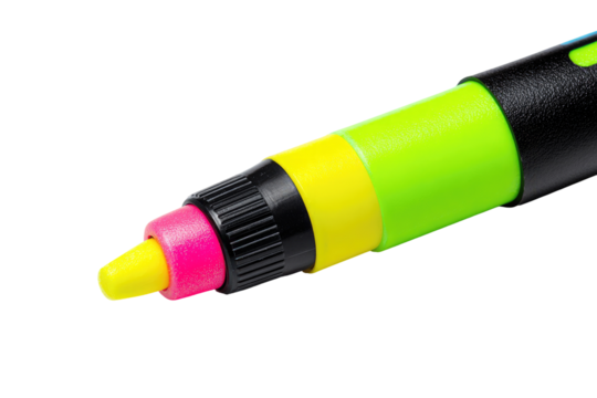 Close-up of a brightly colored highlighter pen tip.  Vibrant yellow, lime green, and pink highlighter tips are visible.  Black accents around the cap and body