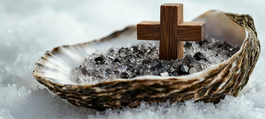 Shell with a wooden cross and black beads symbolizing faith and spirituality