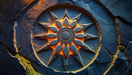 Intricate stone carving with radial pattern and luminous orange light, framed by rough rock