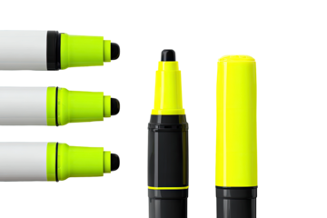 Close-up of three bright yellow markers, one in profile