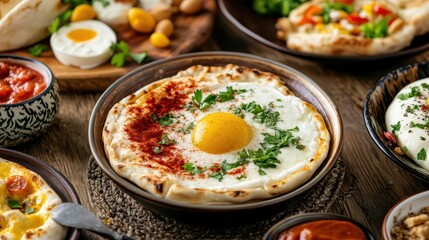 Delicious Breakfast Spread with Eggs, Vegetables, and Sauces