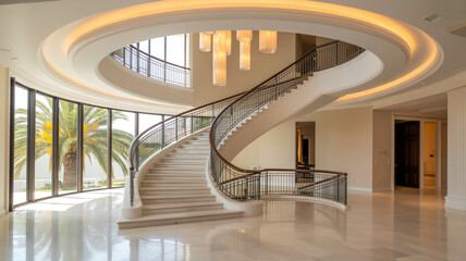 A luxurious two-story modern mansion interior with a grand spiral staircase illuminated by cascading cylindrical chandeliers.