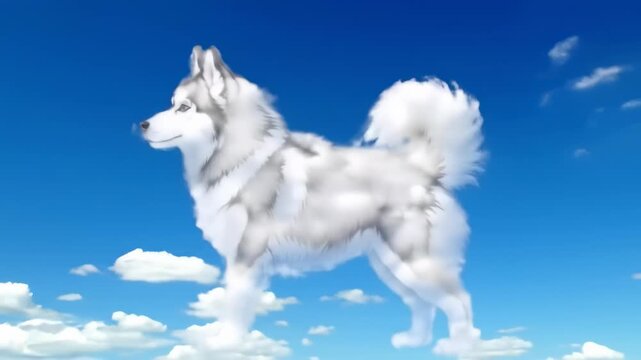 Majestic dog floating above clouds in vivid sky digital illustration