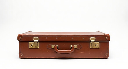 A vintage brown leather suitcase with gold latches and handle displayed on a white background surface