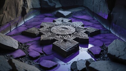 Sunken Stone Platform with Intricate Carvings in Purple Water, surrounded by Ruins