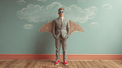 A photo of a young businessman in a suit and red shoes standing on a wooden floor.