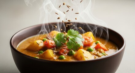 Aromatic Cumin Seeds Falling into a Steaming Hot Bowl of Vegetable Curry