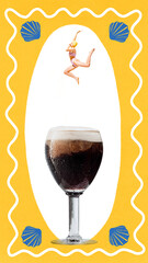 Collage of jumping woman in bikini into cold dark drink with foamy top and seashell frame. Concept of beverage branding, seasonal promo design, beauty wellness packaging, cafe menus, and art posters.