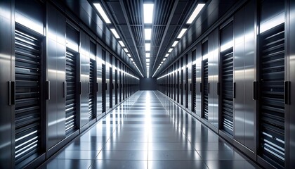 Server Room Data Center with Rows of Equipment and Reflective Floor