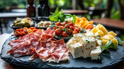 Delicious Charcuterie Board with Cheese and Fresh Produce Displayed