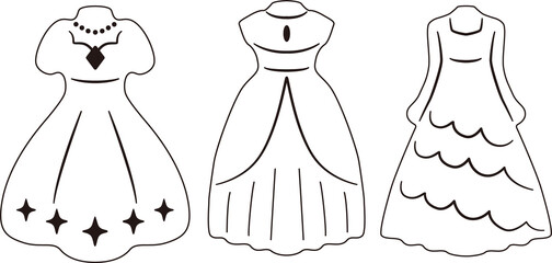 シンプルなドレスの線画イラストセット