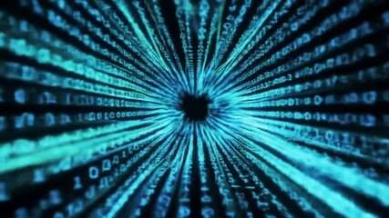 A futuristic digital tunnel of streaming binary code representing a high-speed data flow and information technology. - Powered by Adobe
