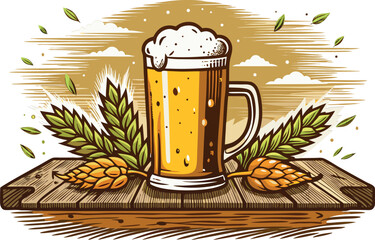 Illustration of a beer mug with foam on a wooden table with hops isolated on white background