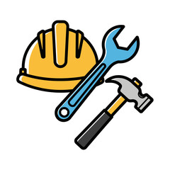 The gear of a builder: a hard hat for safety, a wrench for precision, and a hammer for power, ready for any project.