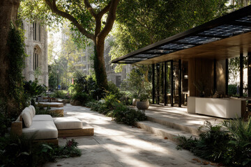 Solar-powered vehicle charging hub in a green urban oasis