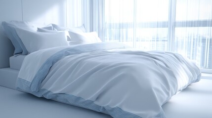 A neatly made bed with white linens and a blue striped border near a bright window with sheer curtains