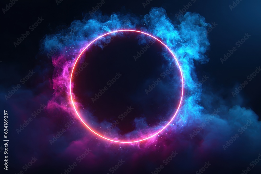 Wall mural circle neon blue and pink gradient frame with smoke clouds. realistic vector illustration of magic f