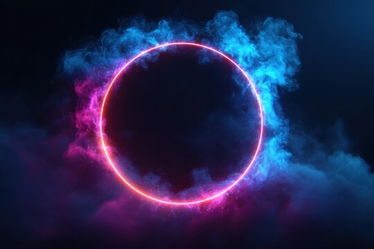 Circle neon blue and pink gradient frame with smoke clouds. Realistic vector illustration of magic fantasy game portal with bright light ring. 3d round glow led circular border.