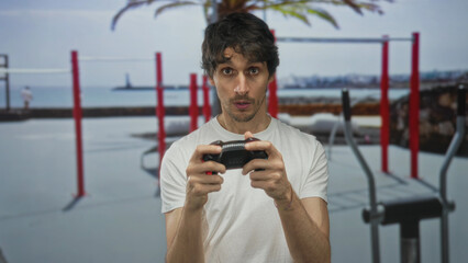 Man firmly holds video game controller at street gym beside ocean view with red pullup bars;...