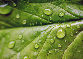 Macro image of water droplets on green leaves, close-up of rainy season drops rainwater on the leaf
