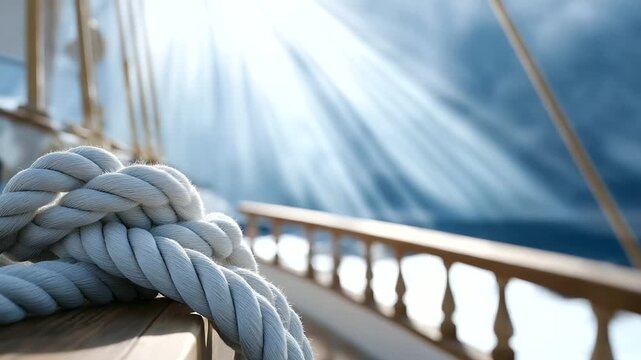 A sailor hoisting a sail with a rope and deck rail
