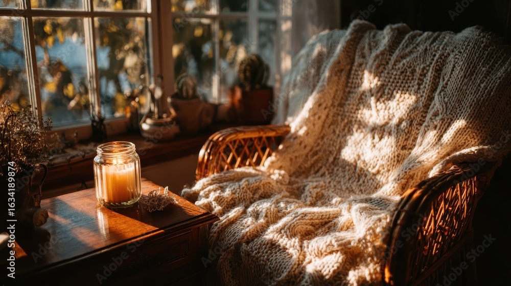 Poster warm sunlight streams through a window illuminating a cozy wicker chair draped with a cream colored 