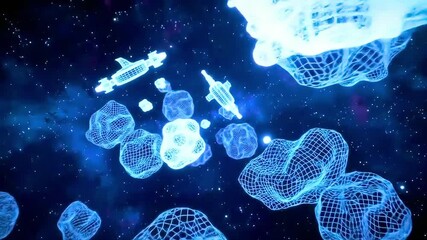 Cyberpunk Spaceships Navigate Asteroid Field: Futuristic Sci-Fi Flight Through Nebula - Powered by Adobe